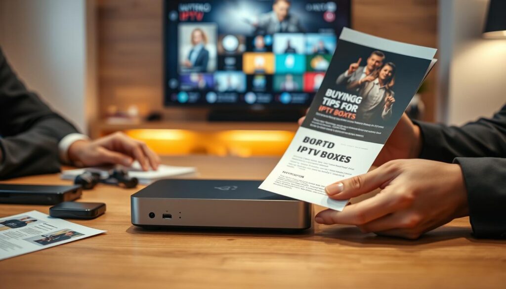 A close-up view of a modern IPTV box on a sleek wooden table, surrounded by informational pamphlets and tech gadgets. The IPTV box is prominently displayed, showcasing its ports and sleek design. In the background, there's a subtle hint of a living room setting with a large television displaying a digital streaming interface, softly illuminated by warm ambient lighting. A pair of hands in professional business attire are holding a pamphlet titled "Buying Tips for IPTV Boxes," examining it closely. The mood is informative and professional, emphasizing a commitment to smart technology choices. The angle is slightly top-down to capture both the IPTV box and the informative materials neatly arranged around it.
