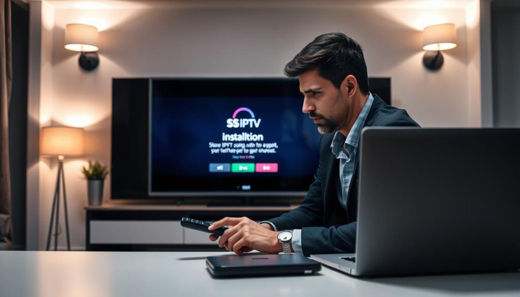 A close-up view of a person sitting at a modern desk, focused intently on a sleek flat-screen television displaying the SS IPTV application installation screen. The person, dressed in smart casual attire, shows a look of concentration while using a remote control. In the background, a neatly organized living room, highlighting a modern aesthetic with subtle lighting emanating from stylish lamps, creates a cozy yet professional atmosphere. Soft shadows play on the walls, adding depth to the scene. The foreground features the remote and an open laptop, suggesting an engaging installation process. The overall mood is one of excitement and anticipation, reflecting a user’s experience in setting up the SS IPTV app for seamless online viewing.