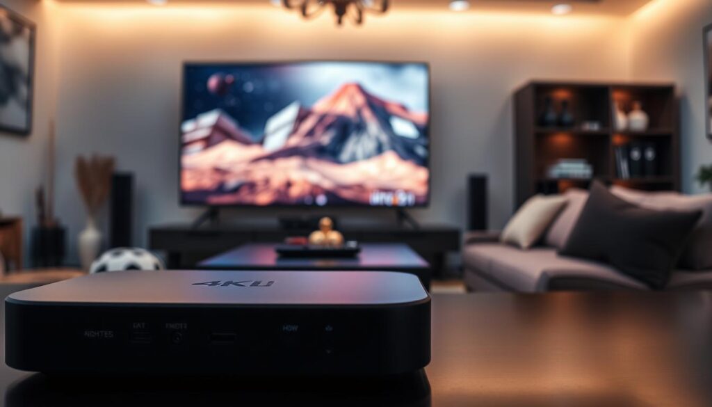 A close-up view of a sleek, modern IPTV box designed for 4K streaming, prominently displayed in the foreground. The device features a minimalist design with rounded edges and a glossy finish, showcasing various ports and indicators. In the middle ground, a large, high-definition flat-screen television displays vibrant visuals with crisp details, set in a stylish living room environment filled with soft, warm lighting. In the background, a cozy sofa and a coffee table with a remote control add to the inviting atmosphere. The overall mood is sophisticated and tech-savvy, emphasizing the perfect combination of technology and home entertainment for premium viewing experiences. Soft shadows and highlights enhance the scene's depth, making the IPTV box the focal point of the image.