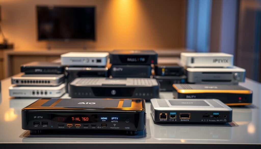 A collection of various IPTV boxes displayed on a sleek, modern surface, showcasing their distinctive features. In the foreground, a high-definition IPTV box with illuminated buttons, a glossy finish, and multiple input/output ports is highlighted. In the middle, a range of different IPTV devices with unique designs, such as compact models and larger, more robust boxes, demonstrating varying connectivity options like HDMI and Ethernet ports. The background is softly blurred to emphasize the devices, with ambient lighting casting a warm glow, creating an inviting tech-oriented atmosphere. Use a wide-angle lens perspective to capture an inclusive view of the devices, ensuring clarity and detail, while maintaining a professional, informative mood suitable for technology enthusiasts.