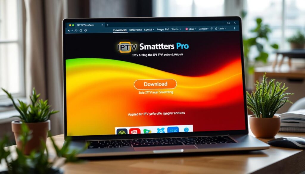 A computer screen displaying the IPTV Smarters Pro Windows application download page, vividly showcasing a clean and user-friendly interface. In the foreground, there is a sleek laptop with a modern design, positioned on a stylish wooden desk. Surrounding the laptop, a small plant adds a touch of greenery. In the middle, the download page is highlighted with vibrant colors, including the app's logo and visible download button, arranged neatly. The background features a softly blurred home office environment, with natural light coming from a window, creating a warm and inviting atmosphere. Capture a slight overhead angle for depth, emphasizing clarity and professionalism in the image, reflecting a sense of trustworthiness for users seeking to download the application.