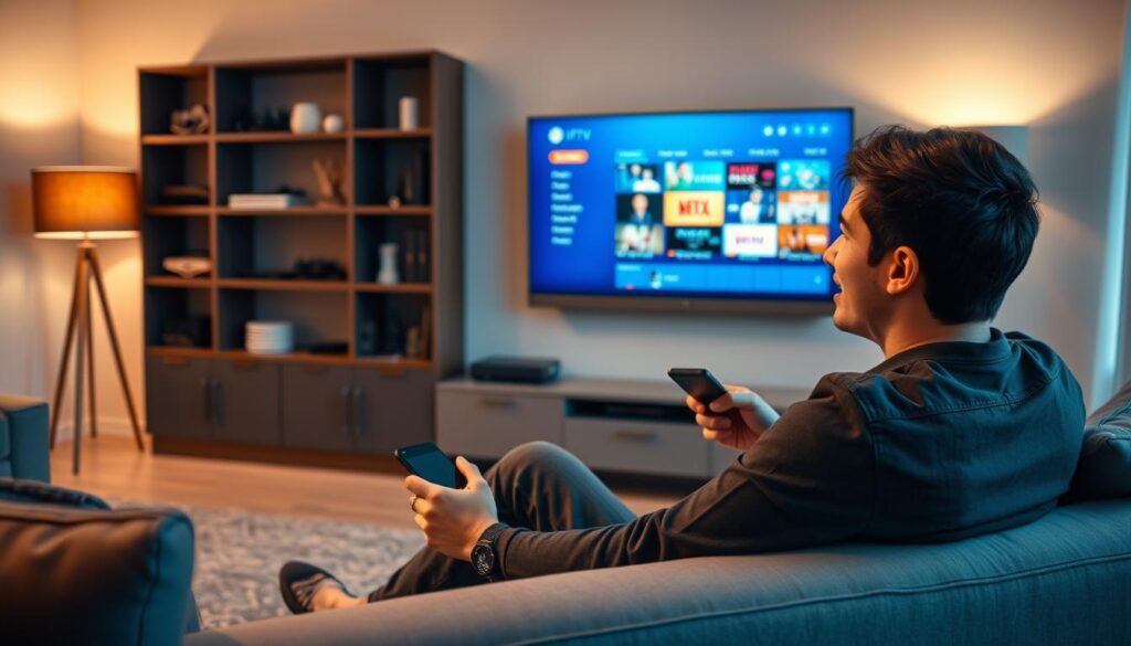 A contemporary living room setting showcasing a user engaging with an IPTV device purchased from AliExpress. In the foreground, a young adult male in casual attire sits comfortably on a modern sofa, holding a remote control, showing a focused expression. The middle ground features a sleek television mounted on the wall displaying a vibrant IPTV interface, with colorful thumbnails of channels. The background captures a stylish bookshelf with tech gadgets and decorative items, creating a modern ambiance. Soft, warm lighting from a nearby lamp casts a cozy glow, enhancing the inviting atmosphere. The angle of the shot is slightly elevated, providing a clear view of the user’s interaction with the device, while maintaining a professional and polished appearance. The overall mood conveys a sense of enthusiasm and modern technology integration in everyday life.