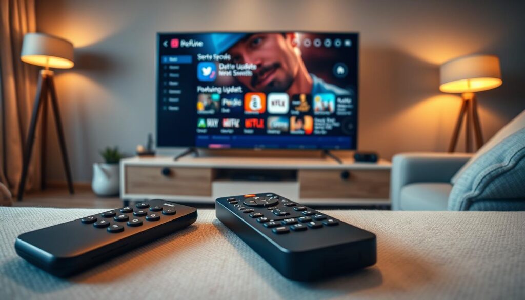 A cozy home entertainment setup featuring a modern living room with an Android IPTV box prominently displayed on a sleek media console. In the foreground, a close-up of a well-designed remote control lies on a soft, textured couch, showcasing user-friendly buttons and a minimalist aesthetic. The middle ground highlights a large flat-screen TV, displaying a colorful, dynamic interface of various streaming apps and software update notifications. The background features warm, ambient lighting from stylish floor lamps, creating an inviting atmosphere. The scene is captured from a slightly angled perspective, emphasizing the comfort and excitement of a cinematic experience at home. The overall mood is relaxed yet tech-savvy, reflecting the joy of updated software for better viewing pleasure.