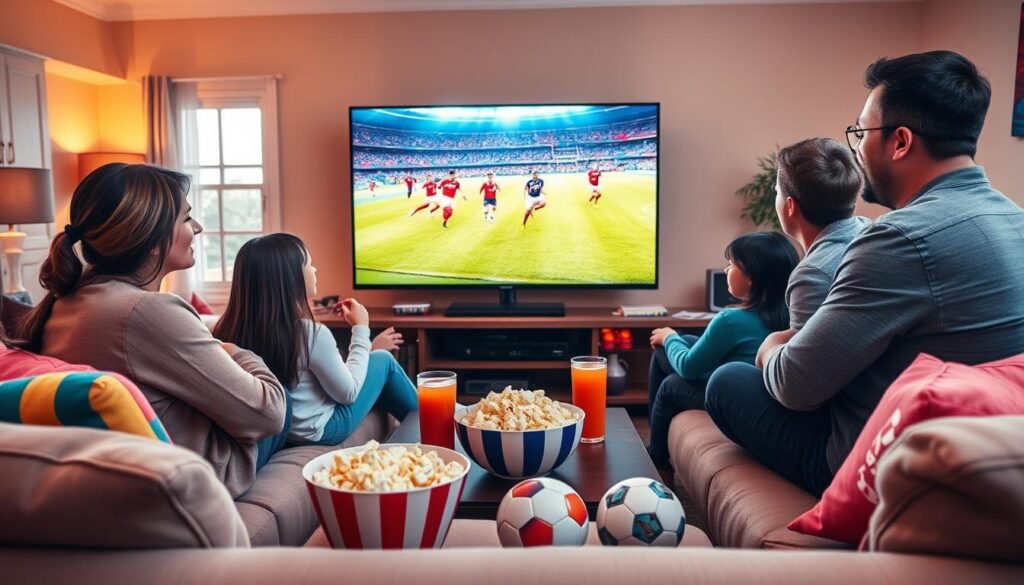 A cozy living room scene showcasing a family of four, dressed in comfortable casual clothing, gathered around a large flat-screen TV, intently watching a live sports match via IPTV. In the foreground, a plush sofa with colorful throw pillows enhances the inviting atmosphere. In the middle, the TV displays an exciting soccer game, with vibrant colors and dynamic action. A bowl of popcorn and drinks sit on a coffee table surrounded by sports memorabilia, such as jerseys and a soccer ball. The background features warm lighting, soft wall colors, and a window partially revealing a sunny day outside, creating a lively and engaging mood. Capture this scene with a slightly elevated angle to emphasize the family's expressions of enthusiasm.