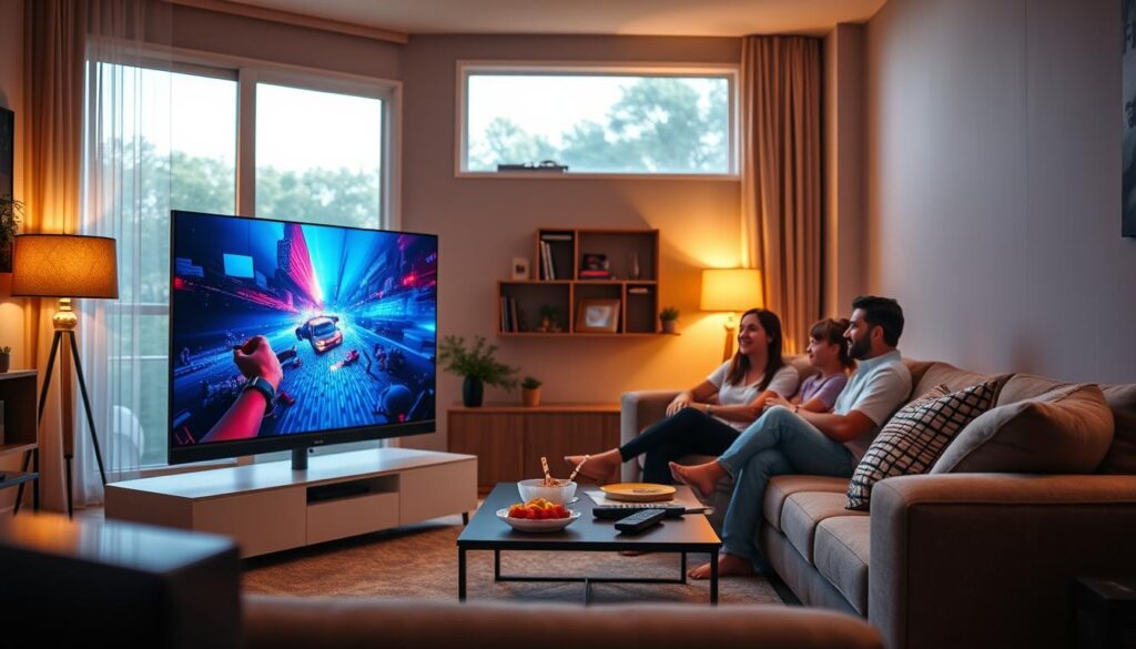 A cozy living room scene, showcasing a modern setup for IPTV viewing. In the foreground, a sleek, flat-screen TV displays vibrant colors, with a focus on a high-definition image. A family can be seen sitting comfortably on a plush sofa, dressed in smart-casual attire, engaging with the content. The middle ground includes a stylish coffee table with snacks and remote controls scattered about, adding a personal touch. The background features a softly lit ambiance, with warm natural light streaming through large windows, creating a welcoming and inviting atmosphere. The overall mood is relaxed and enjoyable, reflective of a perfect IPTV viewing experience, highlighting the importance of picture quality.