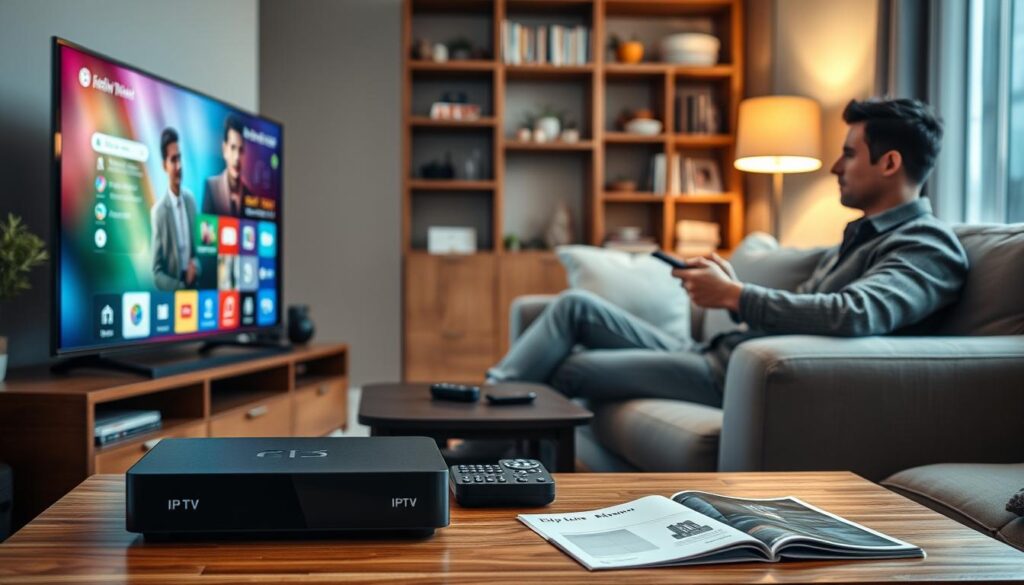A cozy living room scene showcasing an IPTV box set up on a modern television stand. In the foreground, the IPTV box is sleek and stylish, connected to a large flat-screen TV displaying a colorful user interface. A professional-looking person dressed in modest casual clothing is seated on a comfortable sofa, attentively navigating the interface using a remote control. The middle ground features a coffee table with a few remote controls and a user's manual, slightly open. The background shows soft, warm lighting from a nearby lamp, creating an inviting atmosphere. A bookshelf with tech magazines and decorative items gives a personal touch to the space, enhancing the overall mood of ease and accessibility. The image captures a sense of convenience and modern living, illustrating the installation and user-friendliness of IPTV boxes.
