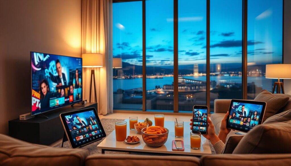 A cozy living room scene showcasing multiple devices streaming IPTV content simultaneously. In the foreground, a modern smart TV displays vibrant on-screen visuals, while nearby, a tablet and smartphone feature the same IPTV interface, demonstrating multi-device usage. The middle layer includes a sleek coffee table adorned with snacks and drinks, enhancing the casual viewing experience. In the background, soft lighting from stylish lamps creates a warm atmosphere, inviting relaxation. A large window reveals a serene evening skyline, complementing the peaceful mood. Use a wide-angle lens to capture the entire scene, ensuring the devices are prominently displayed, illustrating the convenience of IPTV for viewers. Overall, the image should evoke a sense of comfort, accessibility, and modern technology.