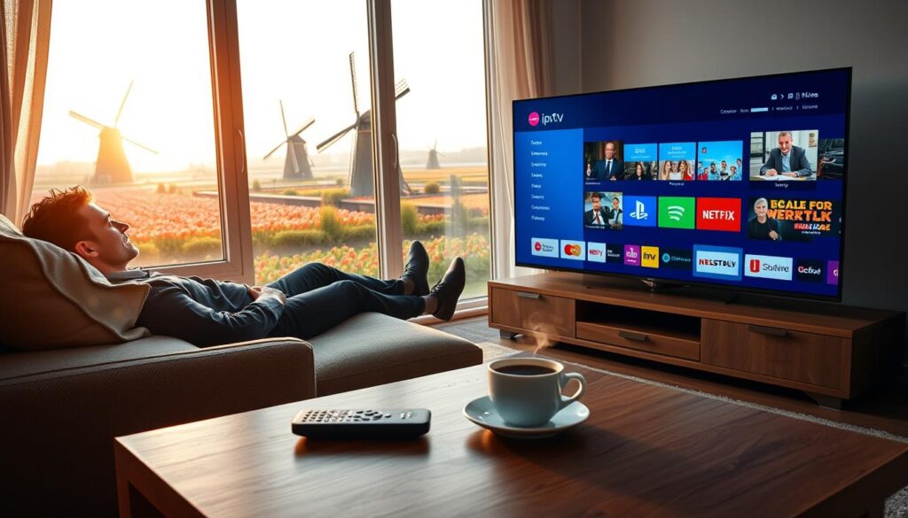 A cozy living room scene that conveys the experience of using IPTV subscription services in the Netherlands. In the foreground, a neatly arranged coffee table features a modern remote control and a steaming cup of coffee, while a sleek flat-screen TV displays a vibrant IPTV interface with various channels. In the middle ground, a person dressed in smart casual attire lounges on a comfortable couch, attentively watching the screen, with a relaxed expression. In the background, large windows reveal a picturesque Dutch landscape with windmills and tulip fields, bathed in warm afternoon sunlight. Use soft lighting to create a welcoming atmosphere, with a focus on inviting colors and a homey feel, captured from a slight angle to emphasize both the person and the TV.