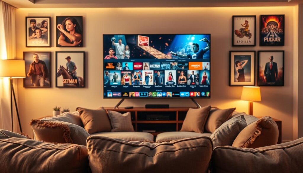 A cozy living room setting as the foreground, featuring a modern flat-screen TV displaying a vibrant assortment of images representing films, series, and sports. In the middle ground, a plush sofa adorned with cushions invites viewers to relax. The background is adorned with movie posters and framed artwork, creating a cinematic atmosphere. Soft, warm lighting provides a welcoming glow, creating a mood of comfort and entertainment. The scene captures the essence of IPTV viewing, emphasizing the diverse content available. A wide-angle perspective enhances the inviting ambiance, making it feel like an immersive movie night at home, without any distractions or text elements.