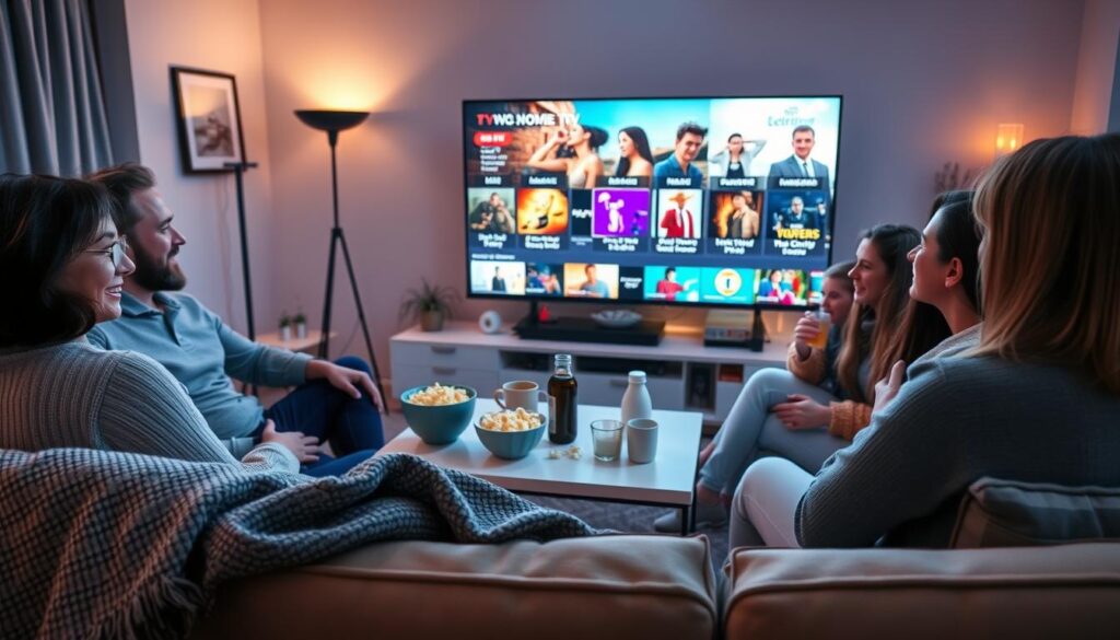 A cozy living room setting showcasing a family enjoying a movie night, with a large flat-screen TV displaying colorful visuals from various live TV films and series available on Pandora IPTV. The foreground features a comfortable sofa with a plush throw blanket, and family members are dressed in casual, modest clothing, looking engaged and entertained. In the middle, a stylish coffee table holds snacks like popcorn and drinks. The background shows a warm, inviting ambiance with soft lighting, including a floor lamp and candles creating a relaxing atmosphere. The scene captures the joy of shared entertainment, emphasizing the lively and modern home environment in the Netherlands.