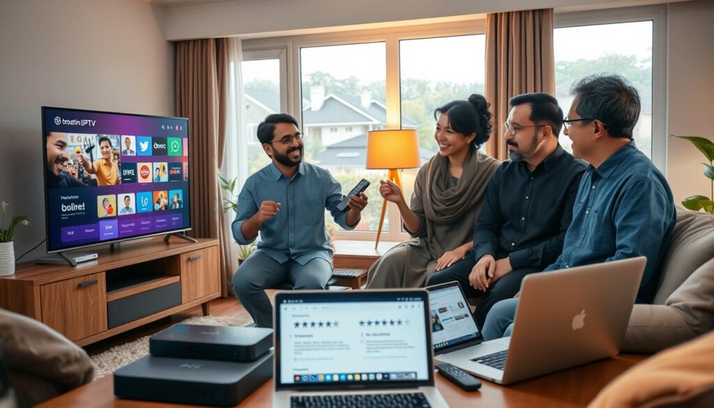 A cozy living room setting with a modern television displaying an IPTV interface. In the foreground, a diverse group of individuals—two men and one woman—dressed in casual, modest clothing, enthusiastically discussing their experiences with IPTV from AliExpress. The middle ground is filled with various multimedia devices, such as streaming boxes and remotes, along with a laptop showing online reviews. In the background, soft ambient lighting from a warm lamp and large windows with a view of a peaceful neighborhood create a cheerful atmosphere. Capture the sense of engagement and excitement, highlighting a seamless blend of technology and community connection. Use a slightly elevated angle to emphasize the interaction among the characters, ensuring everything is well-lit and inviting.