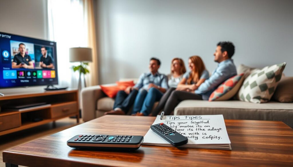 A cozy, well-lit living room with a modern flat-screen TV displaying an IPTV interface on the screen. In the foreground, a stylish coffee table is adorned with a sleek remote control and a notepad with handwritten tips for optimal IPTV use. In the middle, a comfortable sofa with colorful cushions invites viewers to sit and enjoy the entertainment, while a family of four—dressed in casual business attire—sits together, engaged in watching their favorite shows, exuding a warm, inviting atmosphere. In the background, a window allows soft, natural light to flood the room, enhancing the feeling of comfort and relaxation. The scene conveys a sense of family bonding and enjoyment of technology, perfect for illustrating tips on IPTV usage.