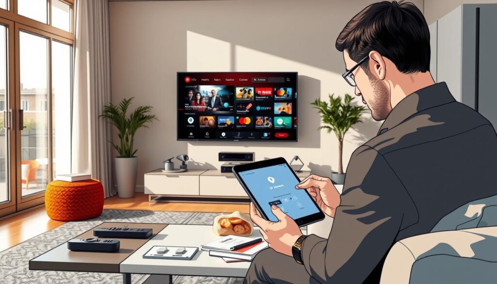 A detailed illustration of a modern living room setting, focused on a stylish television displaying an IPTV Smarters interface prominently. In the foreground, a professional-looking individual in smart casual attire is intently analyzing a digital device, perhaps a tablet or smartphone, showing an IPTV Smarters app icon. The middle ground features a sleek coffee table with remote controls, snacks, and a digital user manual nearby. In the background, light streams through large windows, casting a warm, inviting glow across the room. The mood is thoughtful and engaging, with soft shadows enhancing the sense of professional leisure. The overall atmosphere should reflect a contemporary, tech-savvy environment, emphasizing the legality and legitimacy of using IPTV services in the Netherlands, without any text or distractions.