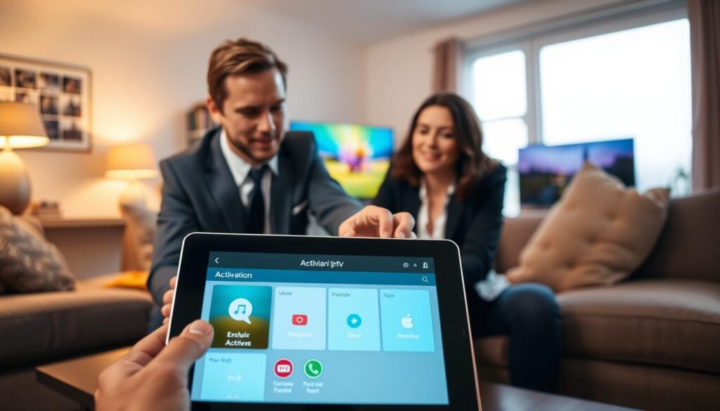 A detailed illustration of the sync IPTV activation process in the Netherlands. In the foreground, depict a sleek tablet displaying an IPTV app interface with vibrant colors and clear icons. In the middle, show a knowledgeable professional in business attire assisting a user, demonstrating the activation steps. The user appears engaged, with an expression of curiosity, seated in a modern, cozy living room with comfortable furniture. In the background, include a soft-lit home environment featuring a stylish TV, emphasizing a tech-savvy lifestyle. Use warm lighting to create an inviting atmosphere, capturing the essence of easy streaming in a contemporary setting. The angle should be slightly elevated, focusing on the interaction and the device screen.