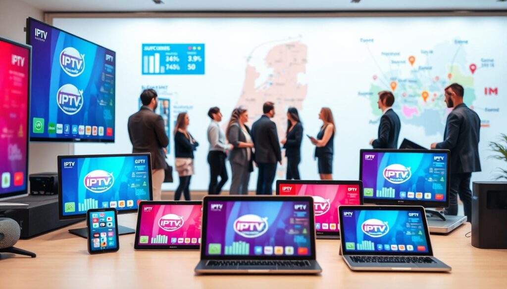 A detailed infographic representation of IPTV providers in the Netherlands. In the foreground, showcase modern digital devices like smart TVs, tablets, and laptops with vibrant screens displaying IPTV logos. In the middle ground, depict a diverse group of professionals in business attire engaging in discussions, surrounded by charts and graphs visualizing subscriber statistics and provider comparisons. The background should feature a stylized map of the Netherlands, highlighting major cities with relevant IPTV provider logos. Use bright, inviting colors to create an engaging atmosphere, with soft lighting to enhance visibility and clarity. The perspective should be slightly elevated, allowing a comprehensive view of the scene without any text or overlays.