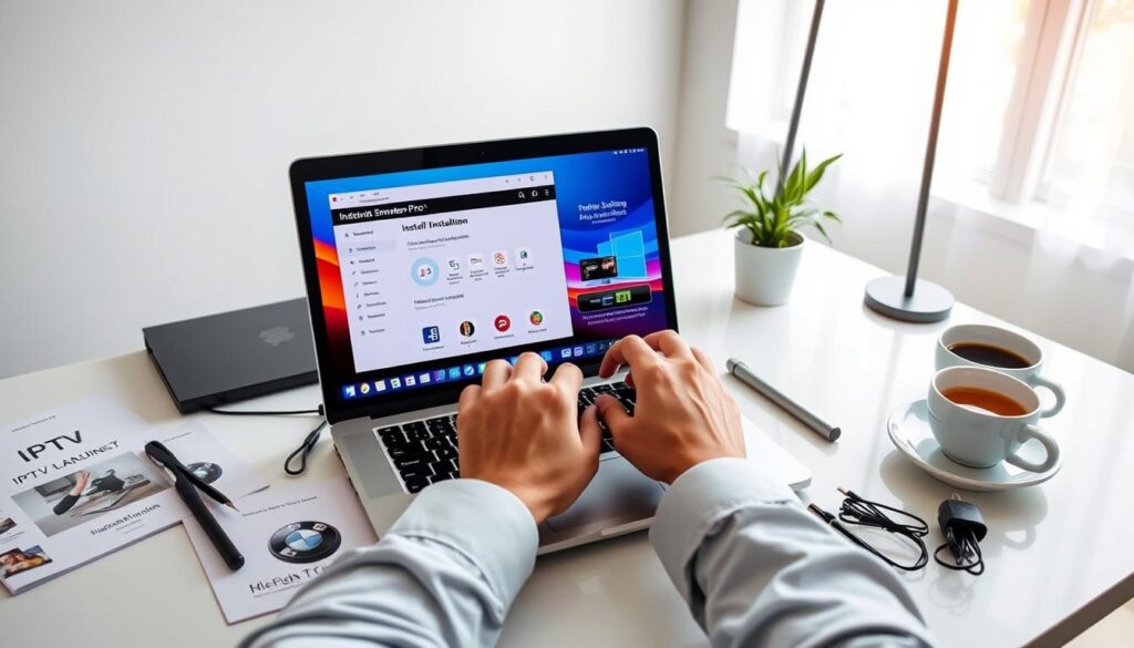 A detailed step-by-step installation guide for IPTV Smarters Pro on a Windows computer, depicted in a sleek, modern workspace. In the foreground, a laptop displays the IPTV Smarters Pro interface with vibrant colors and clear visuals, surrounded by installation manuals and tools. The middle features a pair of hands carefully navigating the installation process, wearing smart casual attire. The background shows a minimalistic desk with a cup of coffee, a potted plant, and soft morning light filtering through a window, creating a warm and inviting atmosphere. The scene is shot from a slight overhead angle, emphasizing the focused interaction with technology, while maintaining a professional tone that captures the essence of a tech installation guide.