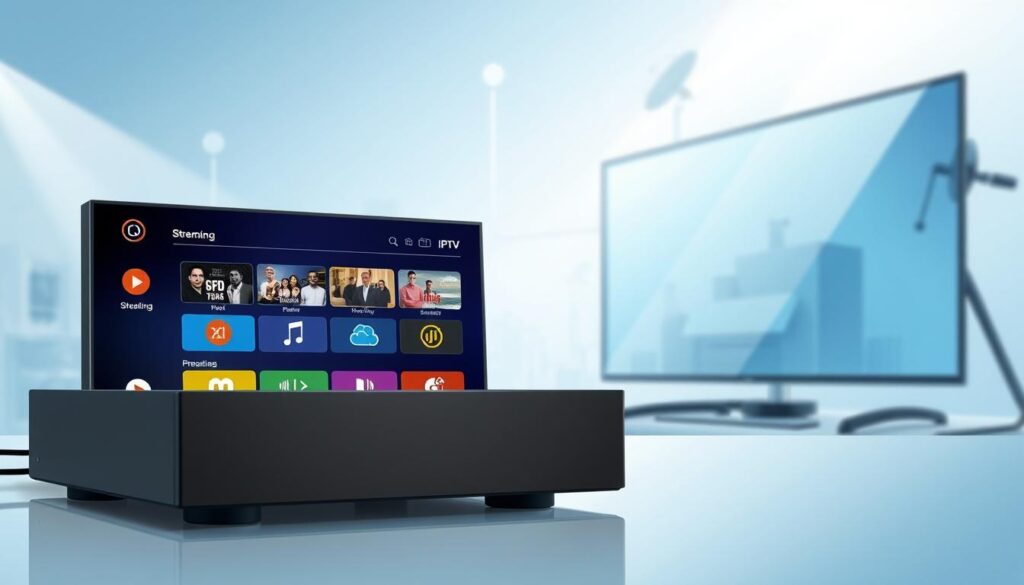 A detailed technical illustration of Hakuna IPTV, focusing on its functionalities and operations. In the foreground, depict an interactive interface displaying various streaming options and features, showcasing vibrant icons and menus. The middle ground features a sleek modern device, like a digital set-top box, connected to a flat-screen TV. In the background, include abstract representations of network connections, such as servers and satellite dishes, symbolizing the technology behind IPTV. The lighting should be bright and professional, evoking a sense of innovation and efficiency. Use a clear angle that emphasizes the device and interface while maintaining a clean, organized look. The overall mood should be informative and engaging, suitable for a technology-focused article.