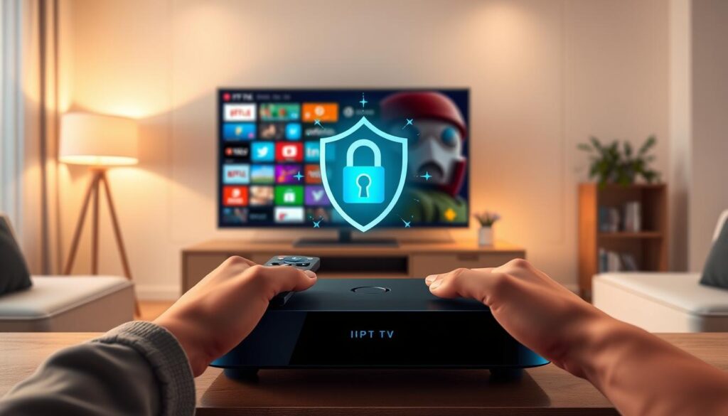 A digital illustration representing "Safety and Privacy in IPTV Usage". In the foreground, depict a sleek, modern IPTV box displaying vibrant, colorful interfaces of streaming services. Include a pair of hands interacting with a remote control, emphasizing user engagement. The middle ground features a secure digital shield icon alongside a lock symbol, symbolizing safety and privacy in the digital world. The background showcases a cozy living room setting, elegantly designed, with soft lighting emanating from a lamp. Use warm tones to create a comfortable atmosphere, evoking a sense of safety. Capture the scene from a slightly elevated angle to convey depth and focus on the interaction, ensuring all elements harmoniously blend to illustrate the importance of security in technology.