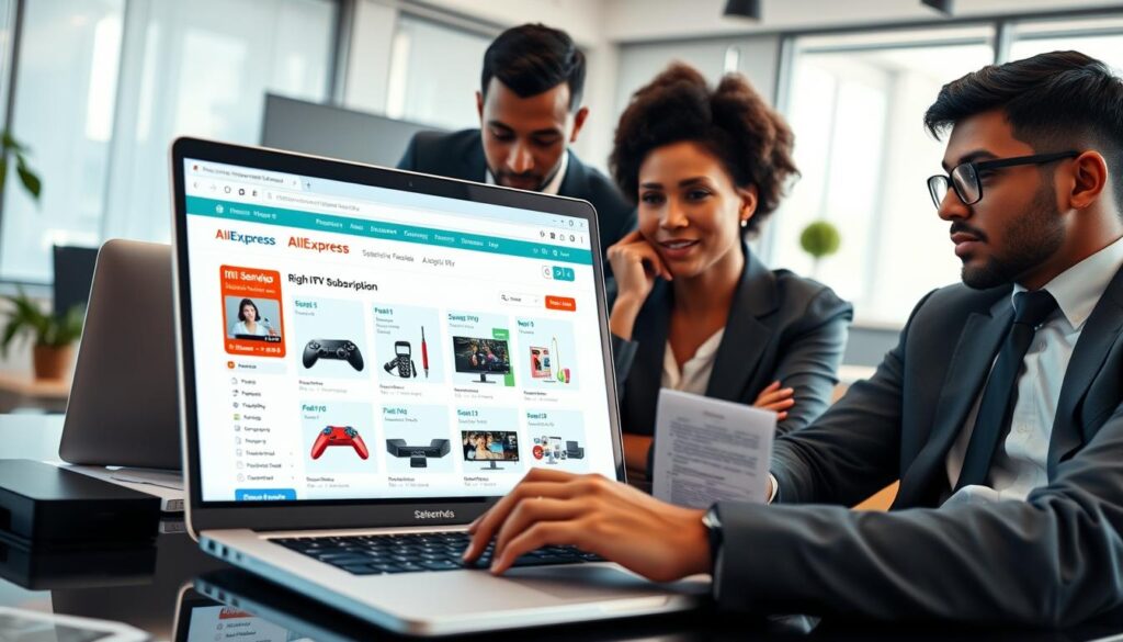 A digital workspace scene featuring a diverse group of three professional individuals (two men and one woman) dressed in smart business attire, thoughtfully discussing the selection of the right IPTV subscription on a laptop displaying the AliExpress website. In the foreground, a close-up of the laptop screen shows IPTV subscription options with clear thumbnails and pricing. The middle ground highlights their engaged expressions and scattered papers with notes on IPTV features. The background is a modern office setup with soft, natural lighting illuminating the space, creating a focused and collaborative atmosphere. The overall mood is professional and informative, conveying a sense of decision-making and research.