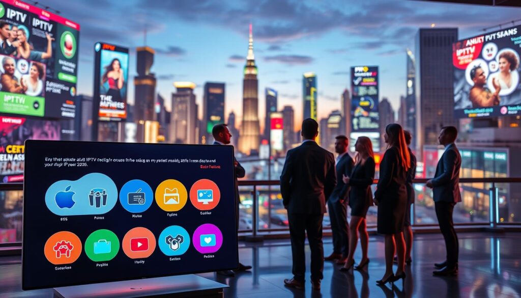 A futuristic digital landscape showcasing a variety of adult IPTV subscription options for the year 2026. In the foreground, a sleek, modern interface displays multiple IPTV package icons, each represented as colorful bubbles with abstract designs. The middle ground features diverse individuals, dressed in smart business attire, engaged in discussions around a large interactive screen that highlights subscription plans and features. The background features a vibrant city skyline at dusk, with digital billboards showcasing IPTV services, giving a sense of technology and modernity. The atmosphere is dynamic and innovative, illuminated by soft neon lighting that emphasizes a professional environment, captured with a slightly low-angle perspective to enhance the sense of engagement and excitement.