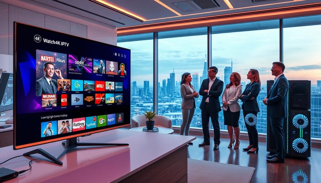 A futuristic workspace showcasing the technology behind Watch4K IPTV. In the foreground, a sleek 4K TV screen displays a high-definition streaming interface, showing vibrant visuals of various channels. To the right, a modern media server with intricate neon lighting and cooling fans highlights advanced technology. In the middle ground, a diverse group of professionals in business attire, actively engaged in a discussion around digital streaming technology, exemplifying collaboration and innovation. The background features a large window overlooking a city skyline, with soft, ambient lighting enhancing the high-tech atmosphere. The scene captures a sense of modernity and professionalism, evoking excitement about the future of digital streaming services.