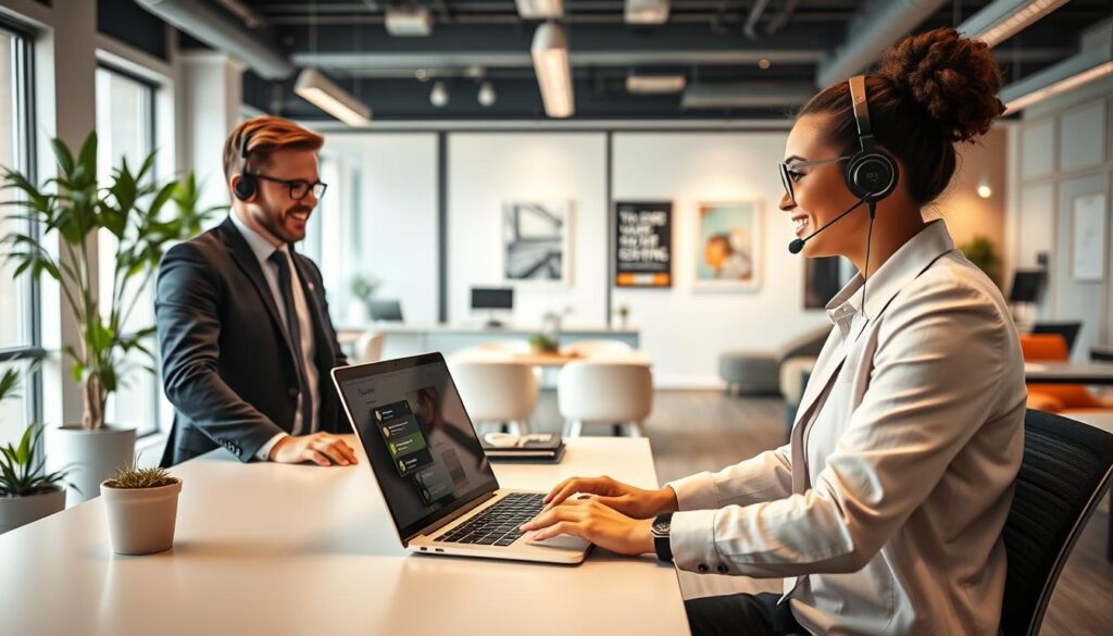 A modern Dutch customer service office with a focus on live support, featuring two professional agents engaged in a friendly conversation via WhatsApp and chat. In the foreground, one agent is seated at a sleek desk with a laptop open, wearing smart casual attire, while the other stands nearby, showing a supportive posture. The middle section of the image displays a bright, open workspace with subtle greenery and soft, natural lighting filtering through large windows. The background reveals a well-organized office with motivational posters and comfortable seating areas. The overall atmosphere is warm and inviting, reflecting professionalism and a commitment to excellent customer service. Capture the scene with a slightly wide-angle view to emphasize the collaborative environment.