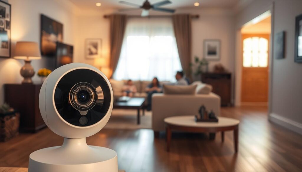 A modern Foscam IPTV security camera placed prominently in a home setting. In the foreground, the sleek, white camera features an eye-like lens, reflecting the warm glow of ambient light. The middle ground showcases a cozy living room with tasteful decor, a large window allowing natural light to filter through thin curtains, and a stylish couch where a family might relax. The background depicts a softly lit hallway leading to the entrance, suggesting a sense of security. The mood is calm and protective, evoking a feeling of safety in a domestic environment. Use natural lighting to enhance the welcoming atmosphere, capturing the camera’s design and functionality in a real home setting.
