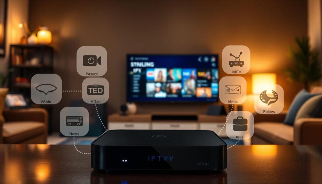 A modern IPTV box prominently displayed in the foreground, showcasing its sleek black design and illuminated LED indicators. The device is surrounded by popular streaming content icons subtly integrated in the background, representing various digital services suitable for the Dutch market. The scene is set in a cozy living room decorated with stylish furniture, a large flat-screen TV showing vibrant IPTV content, and a warm ambient light adding a welcoming feel. The focus is sharp on the IPTV box, with a slight depth-of-field effect to enhance the sense of depth. The overall mood is inviting and tech-savvy, perfect for showcasing cutting-edge home entertainment solutions in the Netherlands.