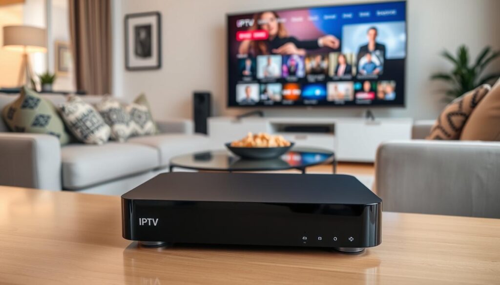 A modern IPTV streaming box prominently displayed in an elegant living room setting. The foreground features the sleek IPTV device, reflecting contemporary design with a glossy finish and minimalistic buttons. In the middle, a cozy couch adorned with decorative cushions and a stylish coffee table displaying a bowl of snacks suggests a casual viewing environment. In the background, a large flat-screen TV showcases vibrant streaming content, adding warmth and liveliness to the scene. Soft ambient lighting bathes the room, creating a welcoming atmosphere. The angle of the shot is slightly above eye level, allowing for an inviting perspective. The overall mood is relaxed and engaging, suitable for family entertainment, highlighting the IPTV box as the centerpiece of modern home entertainment in the Netherlands.