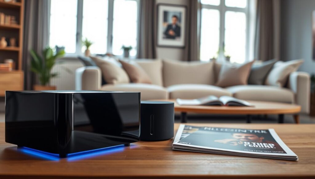 A modern KPN TV+ Box and KPN TV+ Soundbox elegantly displayed in a cozy living room. In the foreground, the sleek black box features a glossy finish, illuminated by soft ambient lighting that highlights its modern design. Beside it, the compact soundbox showcases a minimalist aesthetic, with subtle curves and a textured surface. The middle ground includes a stylish coffee table adorned with a few contemporary magazines, while a comfortable sofa sits in the backdrop. Large windows allow natural sunlight to brighten the scene, creating a warm and inviting atmosphere. The overall mood conveys a sense of home entertainment and technological sophistication, focused on enhancing the viewer's IPTV experience without any distractions.
