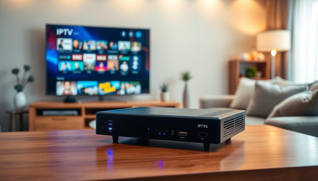 A modern Linux IPTV set-top box, sleek and minimalist in design, positioned prominently in the foreground on a polished wooden entertainment center. The device features distinctive LED indicators and multiple ports, showcasing its advanced connectivity options. In the middle ground, a smart TV displays a vibrant IPTV interface filled with colorful channel icons. Surrounding the set-top box, a cozy living room setting with soft ambient lighting creates a warm atmosphere, featuring a plush couch and decorative elements that suggest a friendly family environment. The scene is captured from a slightly elevated angle, emphasizing the technological sophistication of the IPTV device against the inviting home backdrop, evoking a sense of connectivity and modern entertainment solutions.