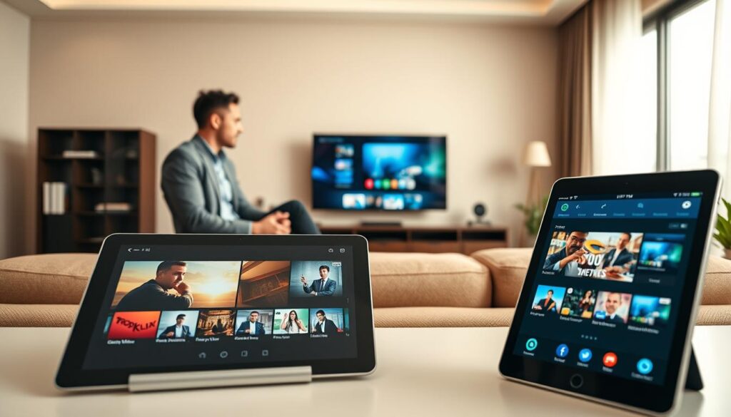 A modern and sleek living room setting featuring various devices displaying IPTV CZ, such as a smart TV, tablet, and smartphone. In the foreground, focus on the tablet and smartphone, both showing the IPTV CZ interface with vibrant colors and clear video thumbnails. The middle ground includes the smart TV mounted on the wall, streaming live content, with a cozy sofa in front. The background has a large window letting in natural light, creating a warm and inviting atmosphere. Use soft, diffused lighting to enhance the room's comfort. A professional business person in modest casual clothing sits on the sofa, enjoying the content, emphasizing convenience and versatility across devices. Use a slightly angled perspective for depth.