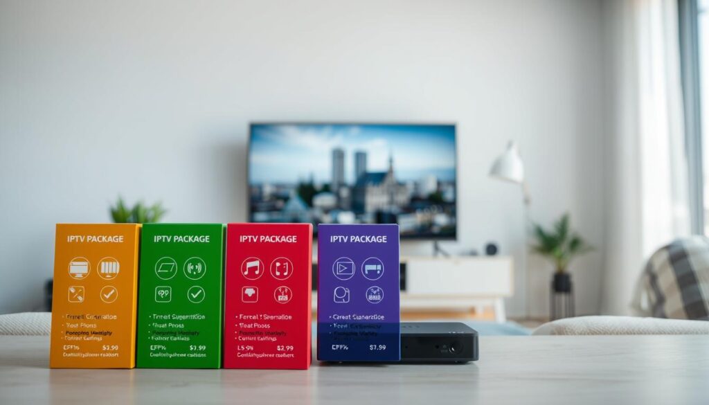 A modern and visually appealing infographic-style image illustrating IPTV subscription options and pricing in the Netherlands. In the foreground, prominently display various IPTV packages represented as colorful boxes with distinct icons for features like channels, streaming quality, and pricing tiers. In the middle, include a visual representation of a modern living room setup with a sleek television and a streaming device, subtly suggesting a cozy viewing experience. In the background, softly blurred outlines of typical Dutch cityscapes hint at the geographical context. The lighting should be bright and inviting, enhancing the warm atmosphere of home entertainment. Use an angle that gives a slightly elevated view, creating depth and engaging the viewer. Ensure the image is professional and free from any text or branding elements.