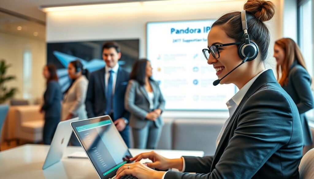 A modern customer service center for Pandora IPTV, featuring a diverse group of friendly agents in professional business attire, engaged in assisting clients. In the foreground, one agent is on a headset, attentively listening to a customer with a laptop open, showcasing Pandora IPTV’s interface. In the middle ground, a large wall display highlights key support features, and another agent is seen chatting with a client in person. The background features sleek, contemporary furniture and soothing lighting that creates a welcoming atmosphere. The lighting is bright but soft, reminiscent of a daytime office setting, to evoke a sense of reliability and support, with an inviting color palette of blues and whites to symbolize trust. The overall mood is calm and professional, emphasizing 24/7 support availability.
