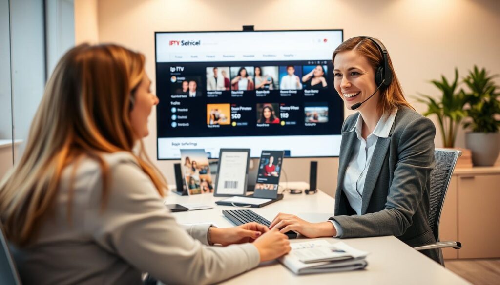 A modern customer service setting featuring a friendly, professional representative assisting a client with IPTV services. In the foreground, we see the representative, a woman in smart casual attire, sitting at a desk with a headset on, smiling while engaging with the client. The middle layer includes a computer screen displaying IPTV offerings and a customer support interface, while brochures and informational pamphlets are neatly arranged on the desk. The background features a tidy office environment with soft, warm lighting that creates an inviting atmosphere. The overall mood is supportive and reassuring, emphasizing the theme of reliable Dutch customer support available anytime. The angle captures both the representative and the client, highlighting the interaction between them.