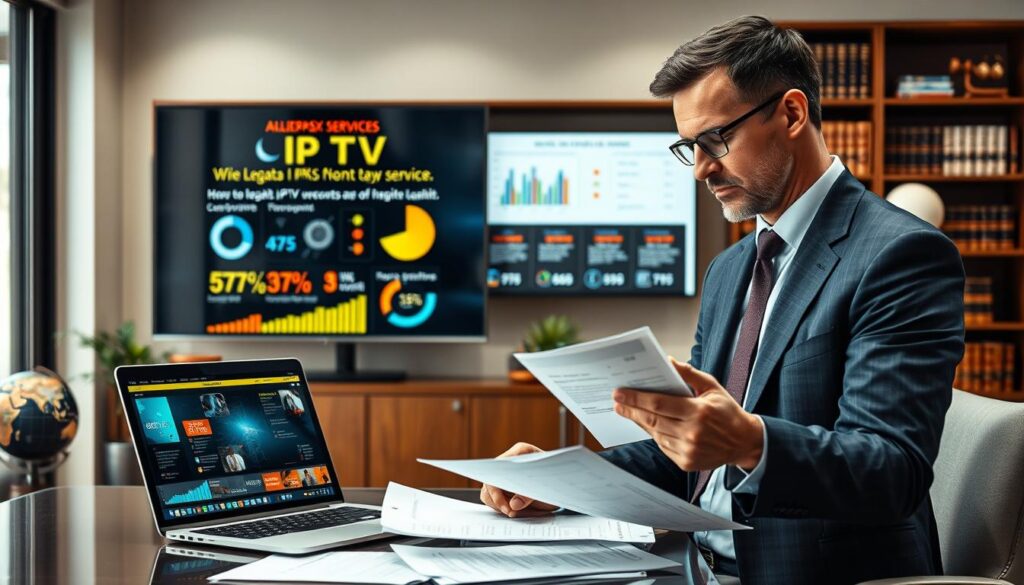 A modern, detailed office scene depicting a legal consultant analyzing the IPTV services from AliExpress. In the foreground, a professional individual in business attire examines documents and a laptop displaying IPTV graphics, portraying concern and contemplation. The middle ground showcases a large screen with statistics and charts related to IPTV legality and risks, emphasizing the complexities of online services. The background features a bookcase filled with legal texts, alongside a globe and potted plant, creating an atmosphere of professionalism and seriousness. Soft, ambient lighting enhances the focus on the consultant, casting gentle shadows. The overall mood should reflect a blend of caution and professionalism, suitable for a discussion on the legal implications of digital services.