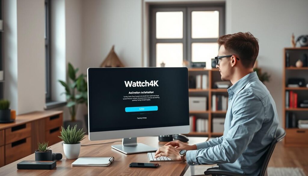 A modern home office environment featuring a sleek desktop computer displaying the Watch4K IPTV activation interface on the screen. In the foreground, a professional individual in smart casual attire is interacting with the computer, looking focused and engaged. A stylish, well-organized workspace includes a notepad, a smartphone, and a decorative plant. In the middle ground, soft natural light filters through a large window, creating a warm and inviting atmosphere. The background showcases shelves filled with books and tech gadgets, emphasizing a blend of technology and comfort. The overall mood is productive and user-friendly, reflecting a smooth activation process and user experience with Watch4K IPTV. The image is captured from a slightly elevated angle to provide a dynamic perspective.