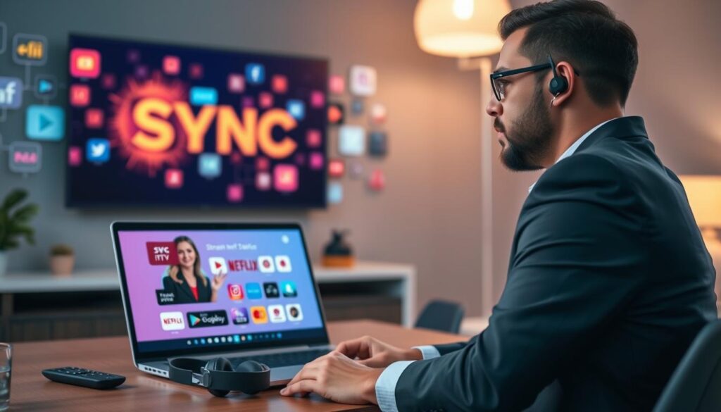 A modern home office setting showcasing a laptop displaying the Sync IPTV interface, surrounded by vibrant streaming media icons. In the foreground, a focused individual dressed in professional business attire is engaged in a video call with customer service, conveying a sense of engagement and reliability. The midground features a stylish desk with streaming equipment like a smart TV remote and headphones, while the background encompasses abstract digital patterns representing streaming services. Soft, ambient lighting illuminates the scene, creating a warm and inviting atmosphere, with a slight bokeh effect on the background to emphasize the subject. The angle is slightly elevated, emphasizing the workspace while maintaining clarity on the IPTV content displayed on the laptop.