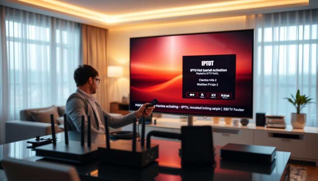 A modern home office setting with a sleek, minimalist design, focusing on a flat-screen TV displaying the IPTV Hot activation interface. In the foreground, a person in smart-casual attire is seated at a stylish desk, confidently interacting with a remote control. In the middle, various technological gadgets like a high-end router and tablet are neatly organized. The background features a cozy living room atmosphere illuminated by soft, warm lighting, creating a relaxed yet tech-savvy vibe. The scene is captured with a slightly blurred depth of field to emphasize the activation process, with a focus on the glowing screen of the TV, enhancing the mood of excitement and innovation.
