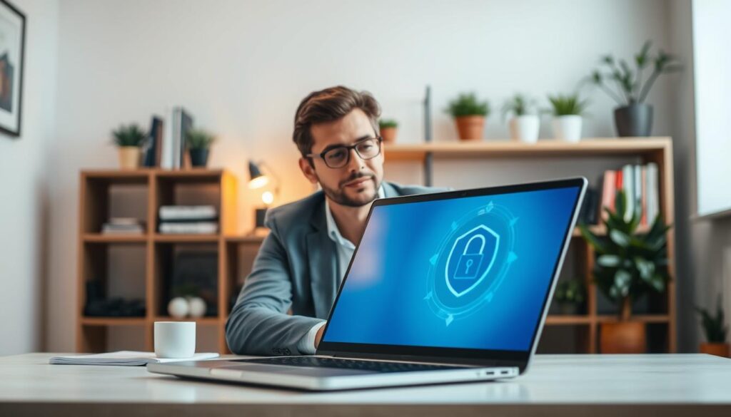 A modern home office setup emphasizing safety and privacy for IPTV users. In the foreground, a sleek laptop displaying a security software interface with a padlock symbol, symbolizing digital protection. In the middle ground, a professional individual dressed in casual business attire, attentively viewing the screen, their expression focused and relaxed. Surrounding them, soft ambient lighting creates a warm and inviting atmosphere, enhancing the sense of security. In the background, minimalist decor with potted plants and shelves filled with tech books, adding to the professional yet cozy vibe. The image is captured with a shallow depth of field, creating a blur around the edges, emphasizing the subject's engagement with digital safety. The overall mood is serene and confident, representing responsible IPTV usage.