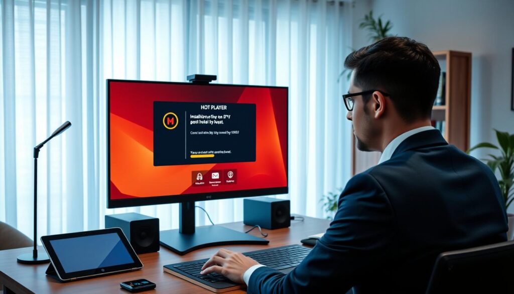 A modern home office setup showcasing the installation process of the "Hot Player" IPTV application on a sleek computer monitor. In the foreground, a user in professional business attire is attentively focused on the computer screen, which displays the installation interface of the Hot Player. The middle ground features a desk with neatly organized tech gadgets like a tablet and smartphone, highlighting a tech-savvy environment. The background shows a well-lit room with soft, ambient lighting, accentuated by a bookshelf filled with tech literature and decorative plants, creating a cozy atmosphere. The overall mood is one of professionalism and efficiency, with a focus on clarity and ease of use during the installation process.
