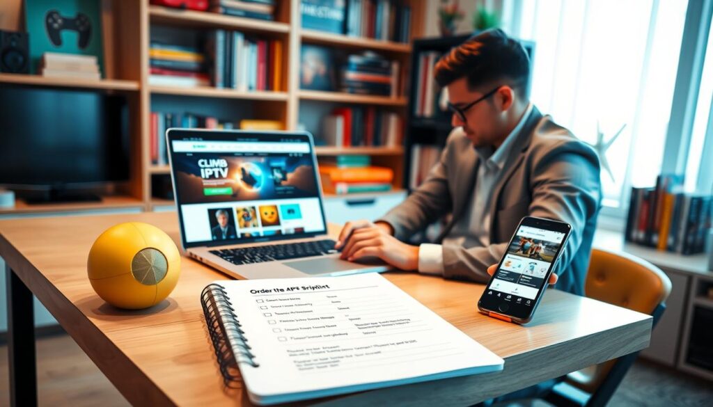 A modern home office with a stylish desk featuring a laptop displaying the Climb IPTV website, surrounded by colorful streaming and entertainment-themed decor. In the foreground, a focused individual in smart casual attire is sitting at the desk, using the laptop and taking notes. The middle layer shows a notepad with a checklist for ordering IPTV subscriptions, alongside a smartphone displaying app options. The background includes bookshelves filled with tech and entertainment books and a large window allowing natural light to illuminate the space. The mood is productive and informative, with bright colors and soft, warm lighting creating an inviting atmosphere, making it feel like a comfortable space for research.