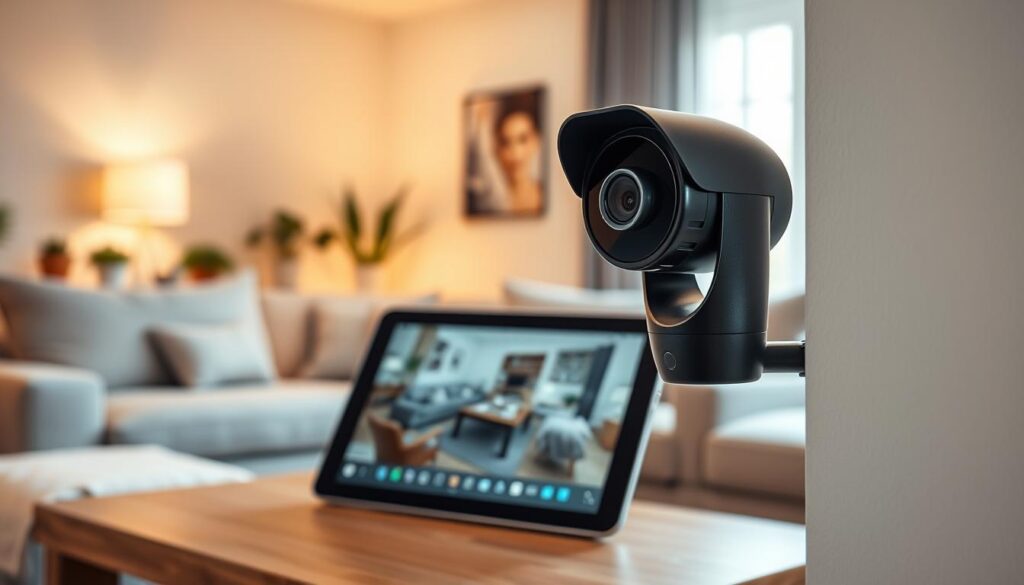 A modern home security camera system setup in a cozy living room. In the foreground, showcase a sleek, black IP camera with a rotating lens, mounted on a wall near a window. In the middle ground, display a wooden coffee table with a tablet showing a live feed from the camera, with a subtle glow indicating it's powered on. The background features soft, inviting lighting that creates a warm atmosphere, with a comfortable sofa and potted plants enhancing the homey feel. The room is well-lit, with natural light streaming in from the window, creating a sense of security and tranquility, reflecting the essence of home surveillance technology.