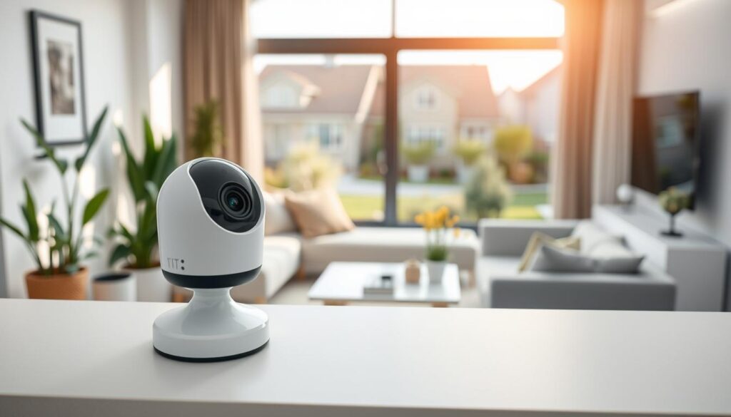 A modern indoor home security camera positioned prominently on a sleek, minimalist shelf. In the foreground, the camera is sharply focused, showcasing its compact design and high-tech features like LED indicators and a rotating lens. The middle ground features a cozy, well-lit living room with a stylish couch and indoor plants, creating a sense of safety and comfort. In the background, a large window shows a peaceful suburban neighborhood, under soft natural lighting that conveys a welcoming atmosphere. The scene is warm and inviting, emphasizing the benefits of having a security camera in a home, enhancing feelings of security and peace of mind. The angle is slightly tilted upward, capturing both the camera and its surroundings effectively while maintaining a clean and professional aesthetic.