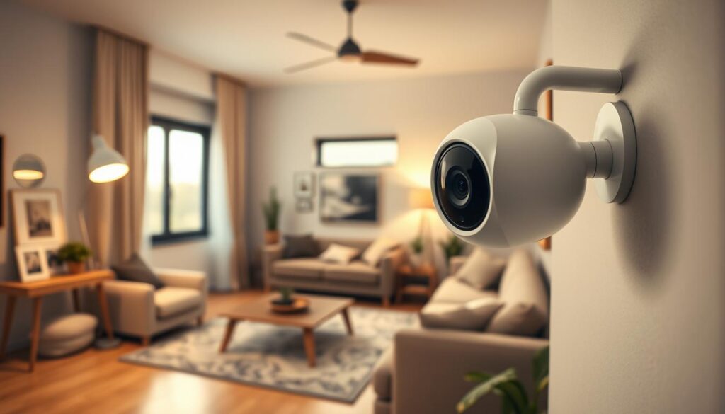 A modern indoor setting showcasing a stylish home security camera mounted on a wall, positioned at eye level. In the foreground, focus on the sleek, minimalist design of the camera featuring a rotating lens and LED indicators. The middle ground includes a cozy living room decorated with comfortable furniture, soft lighting, and personal touches like framed photos and indoor plants. The background features a window with gentle daylight filtering through, creating a warm and inviting atmosphere. Use a wide-angle lens effect to capture the full room while highlighting the security aspect. The overall mood should be reassuring and tech-savvy, emphasizing the integration of modern technology into a safe home environment.
