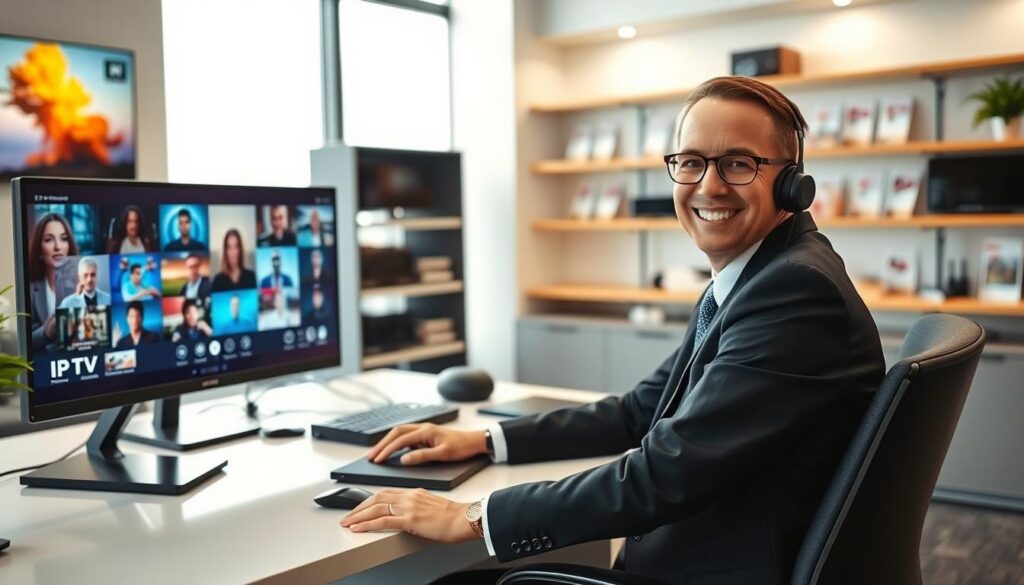 A modern, inviting customer service office environment focused on IPTV support. In the foreground, a friendly customer service representative in professional business attire sits at a sleek desk, engaged in a video call on a high-tech monitor displaying vibrant IPTV channels. The middle ground features shelves filled with tech gadgets and brochures about IPTV services, while a large window in the background lets in soft, natural light, enhancing the welcoming atmosphere. Bright colors and a clean, organized layout convey professionalism. The overall mood is one of helpfulness and accessibility, showcasing the dedication to customer support in the IPTV industry.