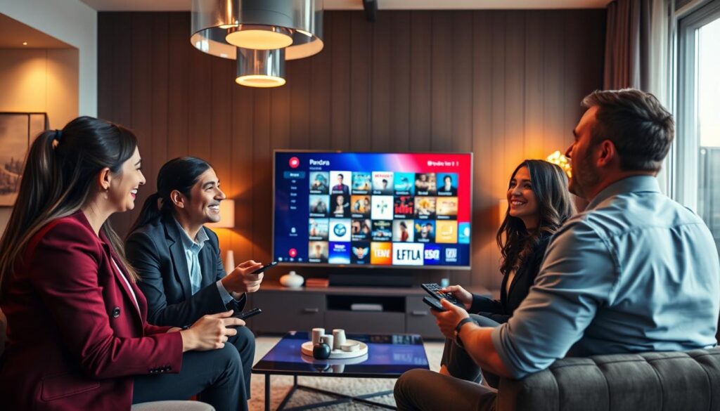 A modern living room featuring a family enjoying Pandora IPTV on a large flat-screen TV, showcasing a vibrant array of channels. In the foreground, a diverse group of three people in professional business attire are animatedly discussing various shows while holding remote controls. In the middle, the TV displays a colorful interface filled with film and TV show thumbnails. The background is decorated with contemporary furniture, stylish lighting, and large windows illuminating the space with warm, natural light. The overall mood is lively and engaging, reflecting a sense of global connection and entertainment through IPTV. Capture the scene from a slightly elevated angle for a dynamic perspective, ensuring clarity and detail in the expressions and surroundings.