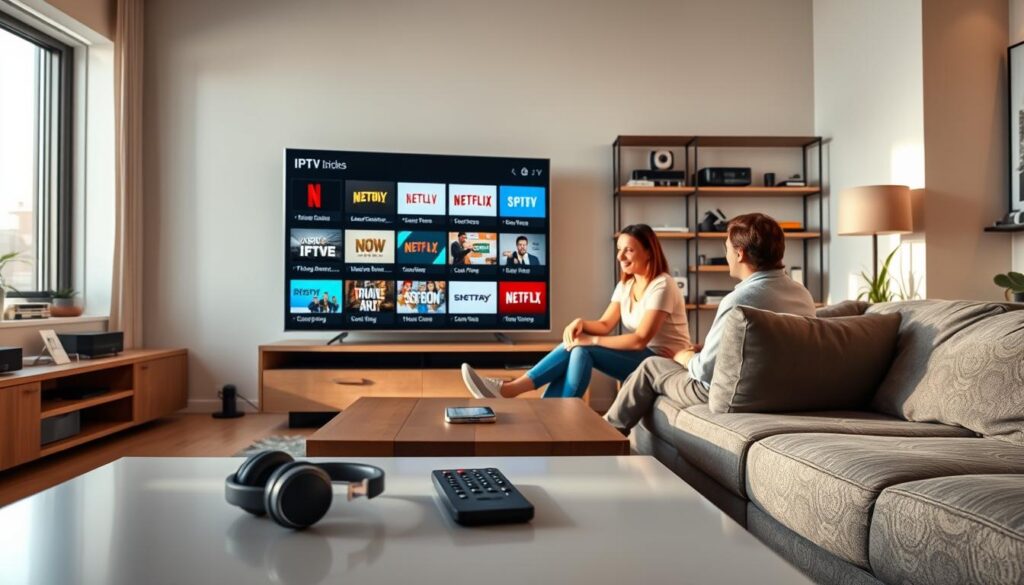 A modern living room featuring a large flat-screen TV displaying various IPTV subscription options. In the foreground, a sleek coffee table with a remote control and a pair of headphones, suggesting a cozy viewing experience. In the middle, a comfortable sofa with two people, a man and a woman, casually dressed, discussing their IPTV choices. Soft, natural light streaming in from a nearby window, creating a warm and inviting atmosphere. The background shows shelves filled with tech gadgets and a minimalist décor, emphasizing a contemporary lifestyle. The scene is captured from a slightly elevated angle, promoting a sense of intimacy and engagement with the IPTV subject.