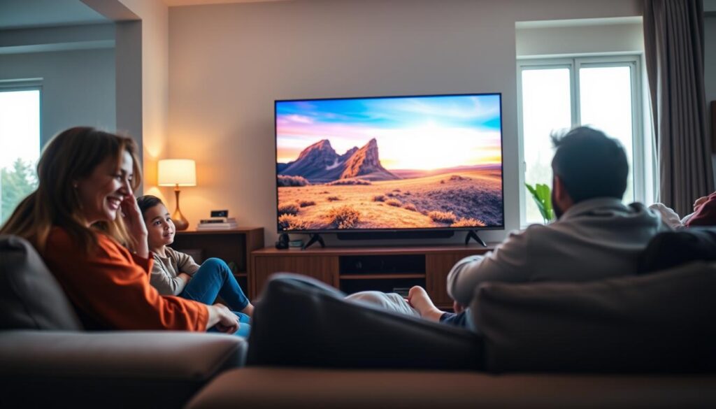 A modern living room featuring a sleek 4K TV displaying vibrant IPTV content, with a family joyfully watching together. In the foreground, the family, dressed in comfortable yet tasteful casual clothing, is engaged and smiling. The middle ground showcases the high-quality TV emitting a warm glow, highlighting the crisp image on the screen. In the background, a stylish bookshelf and soft lighting create a cozy atmosphere, emphasizing comfort and ease of use. The room is well-lit with natural light streaming through a large window, adding to the inviting ambiance. The angle is slightly low, capturing both the TV and the family's reactions, conveying a sense of convenience and satisfaction with their 4K IPTV service experience.
