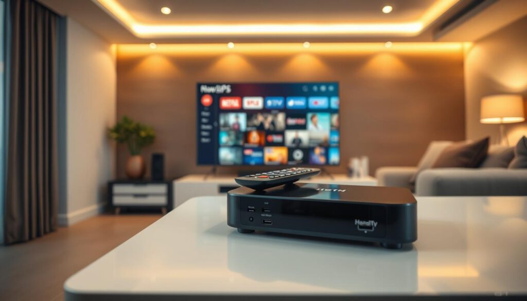 A modern living room featuring a sleek Android IPTV box on a minimalist entertainment center. In the foreground, focus on the box with visible ports and remote control, illuminated by soft ambient lighting to highlight its design. In the middle, display a flat-screen TV with various streaming apps showcased visually, emphasizing versatility and functionality. The background displays a cozy, well-furnished room with a comfortable couch and subtle decorations, creating a welcoming atmosphere. Use warm lighting to evoke a sense of home and relaxation. The scene should have a slightly angled perspective to add depth, showcasing both the box and the overall ambiance of a contemporary media setup.